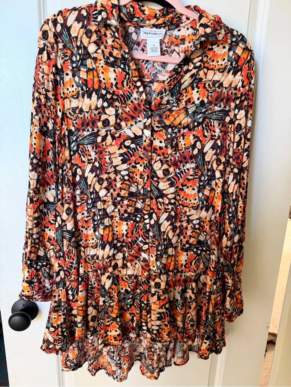 Fall Long-Sleeve Button Dress in Orange, Black, Cream monarch shift
